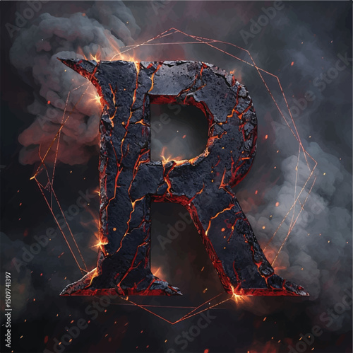 Fiery Lava Letter R with Smoke and Sparks – Bold Molten Typography