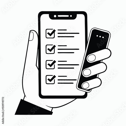 Hand holding phone displaying checklist app white graphics isolated on white background