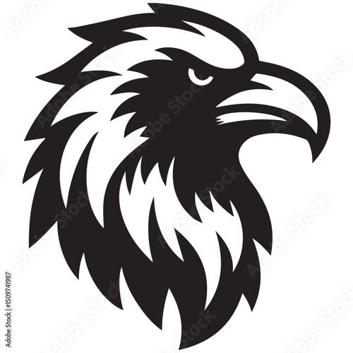 Black and white illustration of an eagle head with sharp features and a determined expression