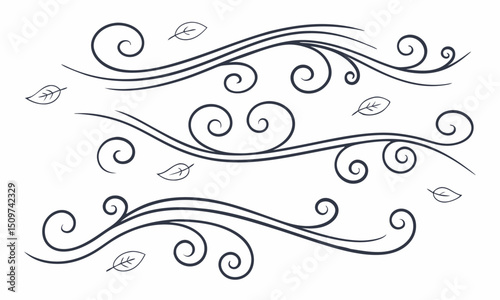 Elegant Swirling Wind Design Autumn Leaves and Curlicues, Whimsical Vector Illustration