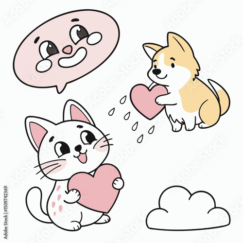Adorable Cartoon Animals Sharing Love Cute Cat and Corgi with Hearts, Perfect for Valentine's Day or Love-Themed Projects