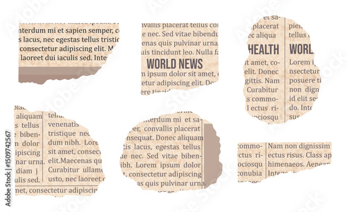 Set of ropped vintage newspaper with headline. Torn paper with text