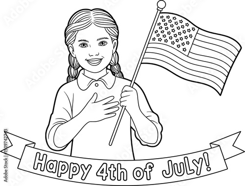 Happy 4th of july girl holding american flag coloring page