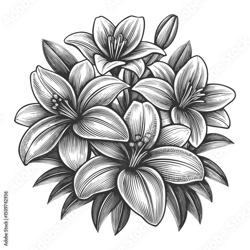 blooming lilies with buds and leaves, perfect for botanical, floral, and nature-themed design