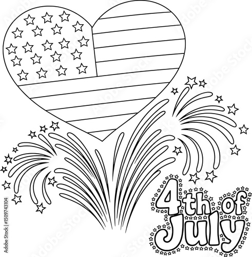 Fourth of july heart fireworks coloring page