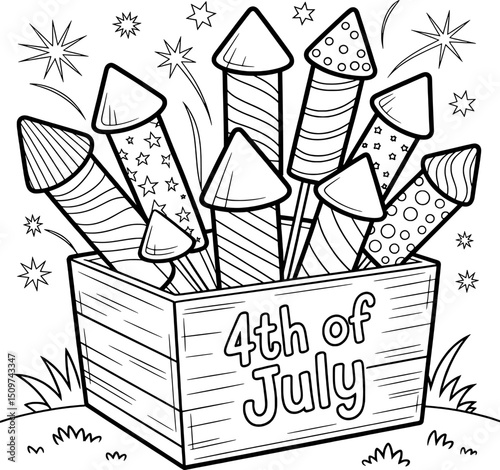 Fourth of july fireworks in wooden crate coloring page
