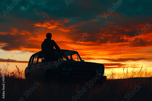 Silhouette of a man sitting on the hood of an old car