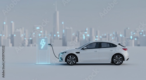 Electric Car Charging at Station with City Skyline