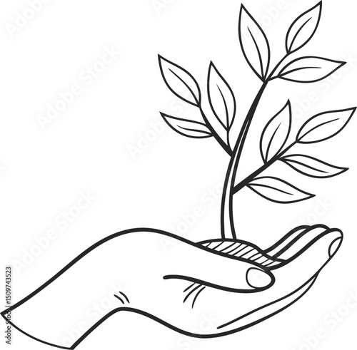 Minimal Line Icon of Hand Nurturing Plant Representing Growth and Development