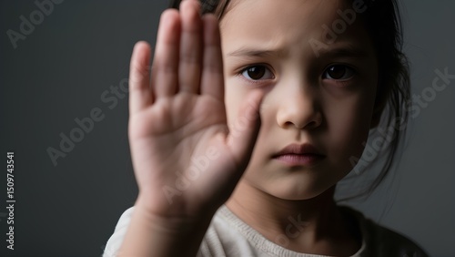  A little girl with a serious face making a stopping gesture with her hand, “stop” palm forward on a dark background with space for text.