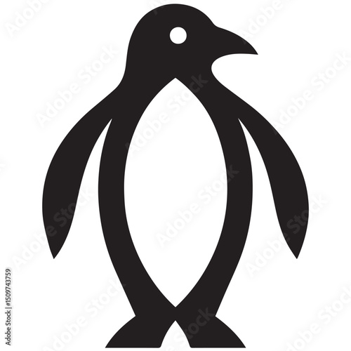A black penguin icon with white eye minimalist design with stylized wings and feet on a white background