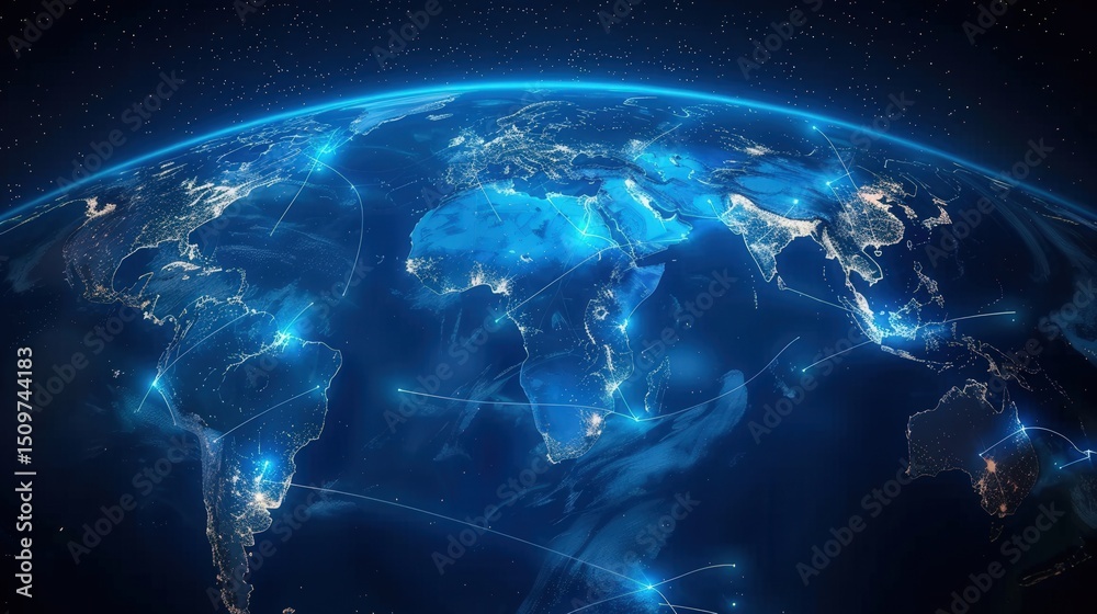 Fototapeta premium A stunning view of planet Earth at night, showcasing global networks and city lights.