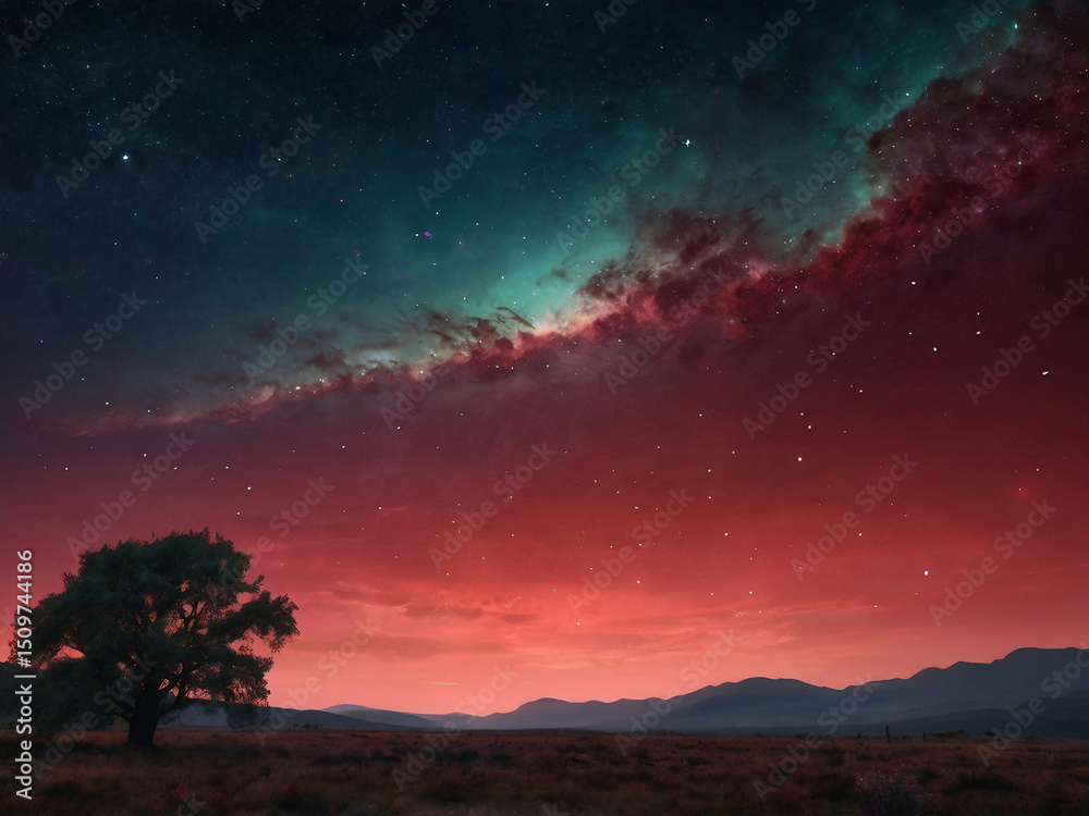 Fototapeta premium Mesmerizing Night Sky Starry Landscape with Solitary Tree