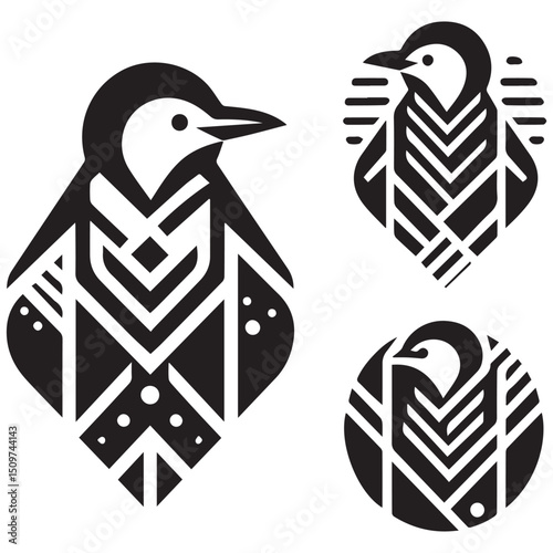 Three stylized black and white penguin logos in different shapes and decorative patterns