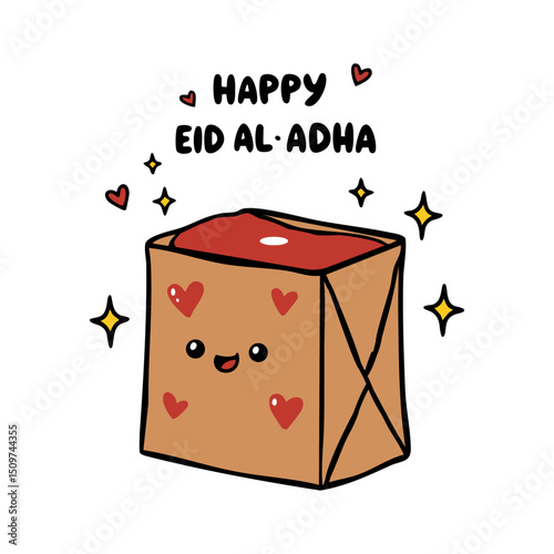 Cartoon Eid gift bag with smiling face and stars, ideal for festive Islamic-themed designs and promotions