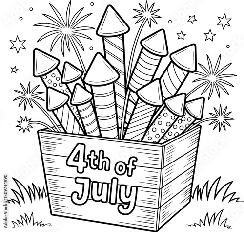 Fourth of july fireworks in wooden crate coloring page