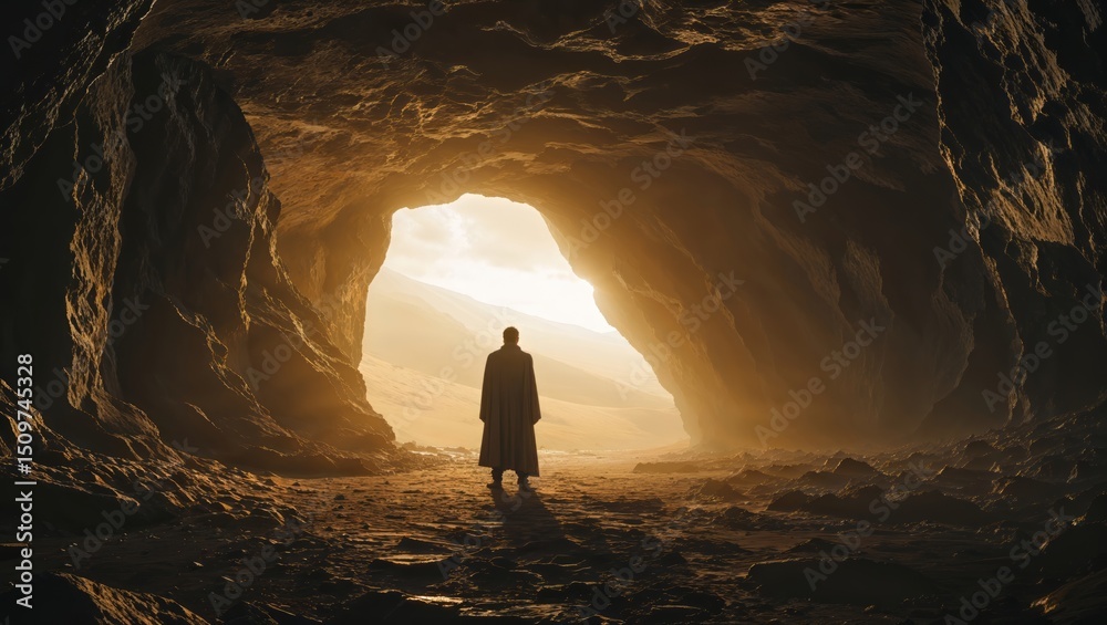 Fototapeta premium Explorer standing at the entrance of an ancient cave, the darkness beyond filled with the promise of discovery