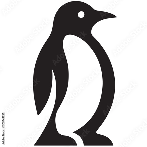 Black penguin silhouette with white eye and belly stands against a white background