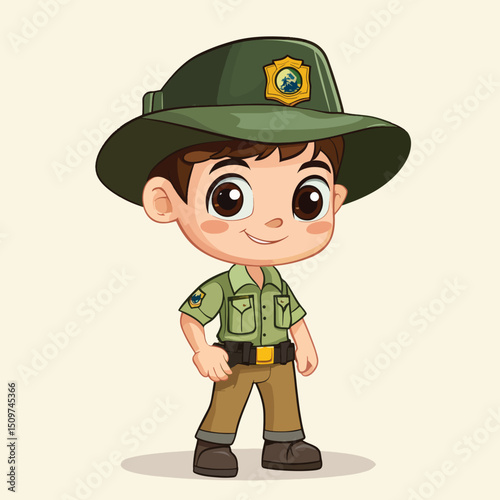 Cheerful Cartoon Boy in a Green Park Ranger Uniform