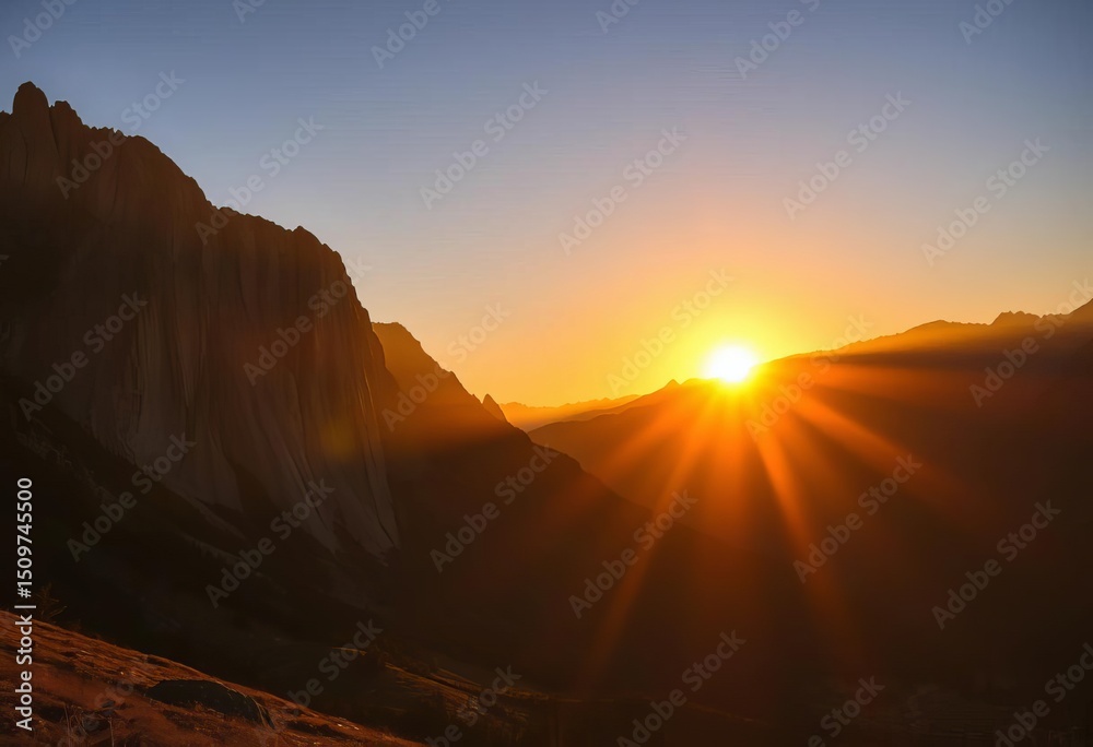 Naklejka premium Golden sunset paints majestic peaks, shadows lengthen across valleys, image, sky