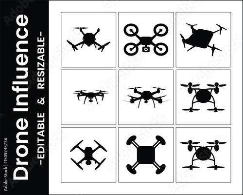 Collection Of Drone Silhouettes With Different Designs Vector Graphic Set