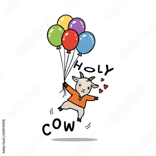 Funny vector of cartoon cow with balloons and 'Holy Cow' pun, ideal for playful Eid al-Adha designs and festive greetings