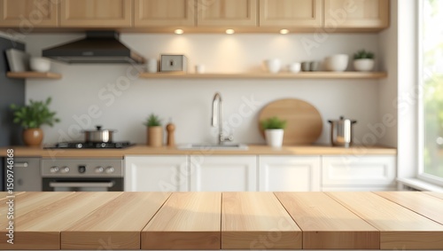 Natural Wooden Tabletop with Blurred Modern Kitchen Background for Product Display, Beautiful natural wooden table with kitchen background