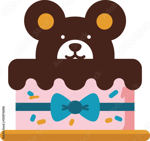 Flat Vector Teddy Bear Cake Icon with Ears, Chocolate Bowtie, Cute Illustration