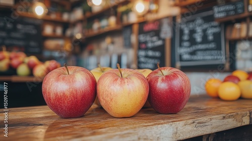 Fresh Red and Golden Apples on Wooden Counter in Market Setting