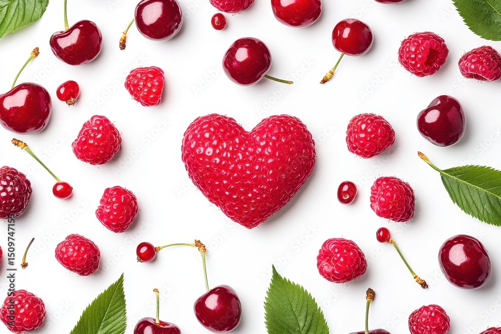 Fototapeta premium Heart-Shaped Red Berry Surrounded by Fresh Berries on White Surface