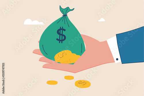 Tax payment or losing money without tax planning concept, businessman hand holding big money bag of revenue been slitted with dollar coin loss with the word tax.