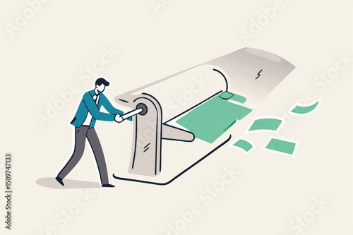Printing money, quantitative easing policy by countries central bank or FED, federal reserve to stimulate economics concept, businessman central bank man rolling money printer to print money banknotes