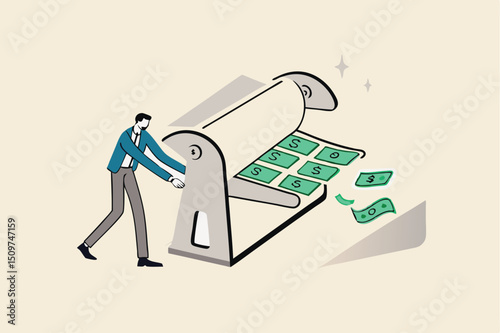Printing money, quantitative easing policy by countries central bank or FED, federal reserve to stimulate economics concept, businessman central bank man rolling money printer to print money banknotes