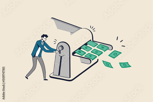 Printing money, quantitative easing policy by countries central bank or FED, federal reserve to stimulate economics concept, businessman central bank man rolling money printer to print money banknotes