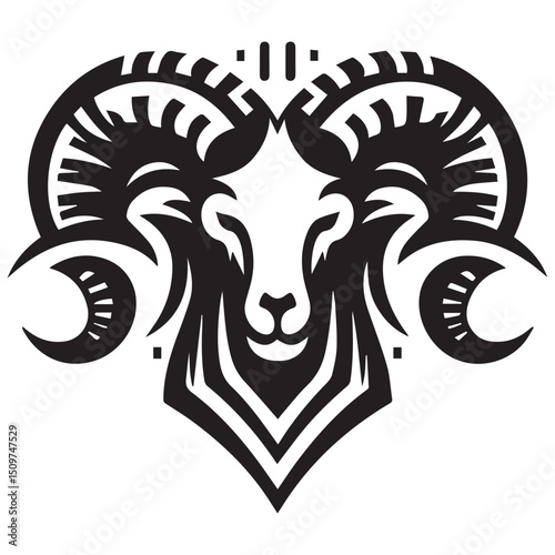 A stylized black and white image of a rams head with curved horns