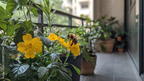 Pollinating bee amidst vibrant balcony flowers.