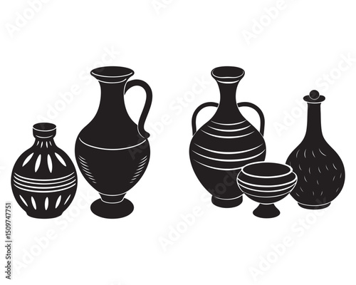 Black silhouette of clay jar with water.