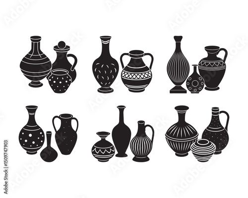 Black silhouette of clay jar with water.