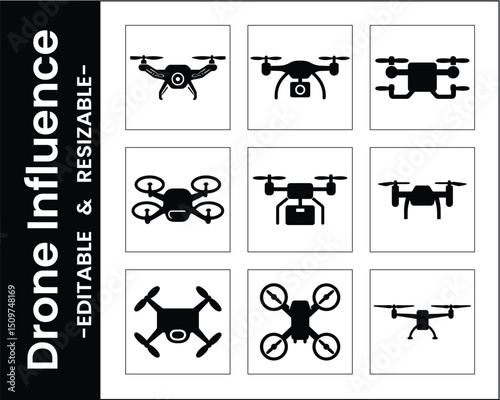 Drone Icons Vector Set Black Silhouette Flying Camera Quadcopter Aerial Vehicle