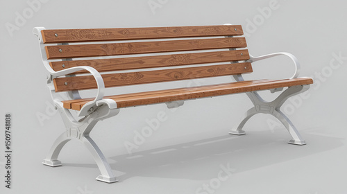 The Ultimate Joule Bench, a photographic depiction of an outdoor wooden park bench with white metal legs and silver trim, isolated against a transparent background