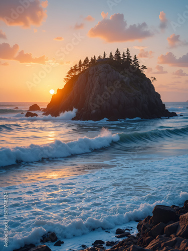 Sunset landscape of the ocean surging around a rocky headland
