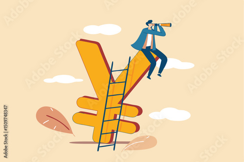Japan economic vision and forecast, leadership skill to lead country financial in economics crisis concept, businessman climb up ladder to top on Japanese yen sign using telescope to see future vision