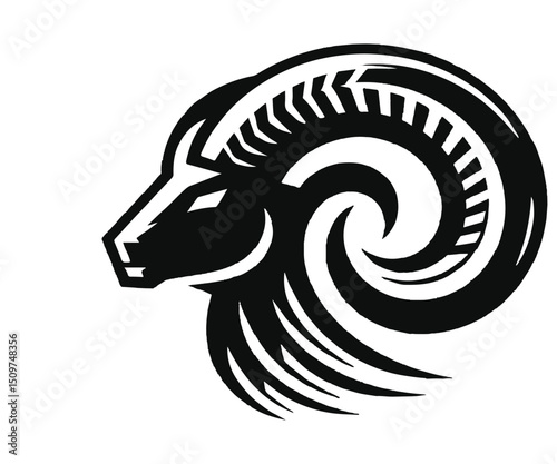A stylized black ram head profile with patterned curved horns facing left