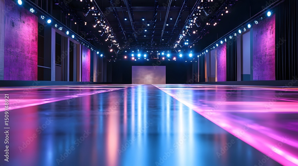 Fototapeta premium A fashion runway stage with glossy flooring and futuristic lighting