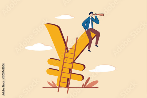 Japan economic vision and forecast, leadership skill to lead country financial in economics crisis concept, businessman climb up ladder to top on Japanese yen sign using telescope to see future vision