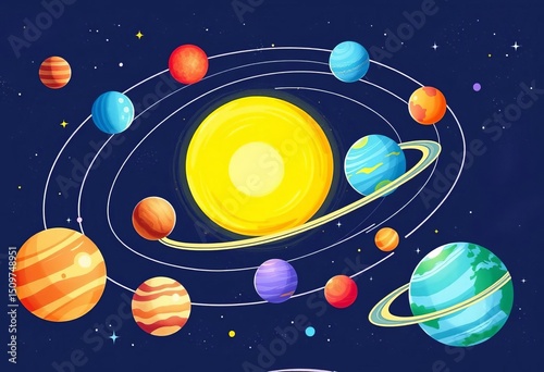 Hand-drawn vector illustration of eight planets orbiting a sun in a whimsical, colorful style, solar system,  kids
