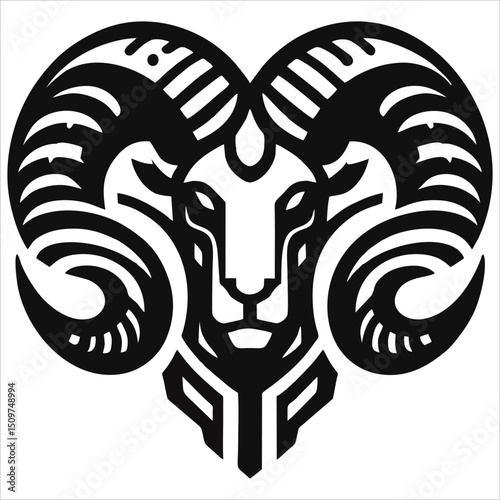 Black and white graphic design of a stylized ram head with prominent curving horns