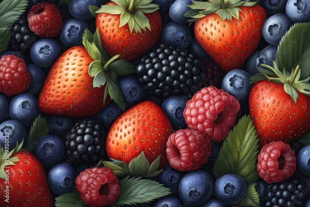 Fototapeta premium Fresh Strawberries, Raspberries, Blackberries and Blueberries Mix