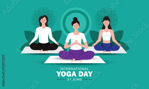 21 June Happy international yoga day banner with woman in meditation yoga pose