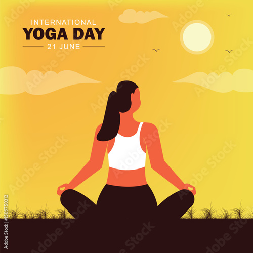 21 June Happy international yoga day poster with woman morning in meditation yoga pose